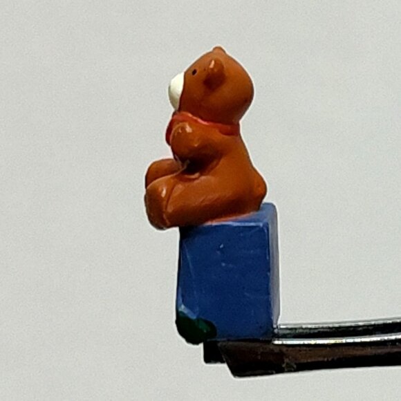 Miniature Brown Teddy Bear On Blue Present Box Decorative Tab Figurine Vintage - Picture 2 of 8